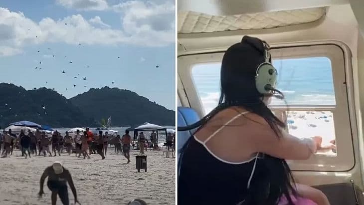 De helicóptero, influenciadora &#8220;faz chover dinheiro&#8221; em praia de Balneário Camboriú-SC