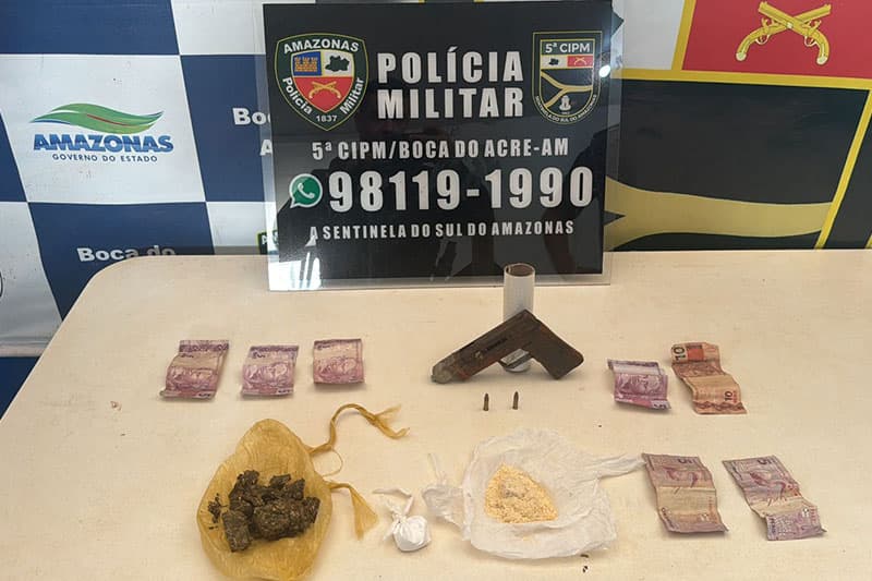 Após denúncia de moradores, PM apreende drogas e arma caseira, em Boca do Acre