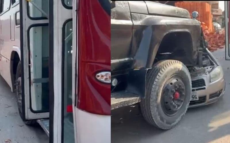 VÍDEO: Crianças soltam freio de mão de ônibus, uma pessoa fica ferida e carros danificados