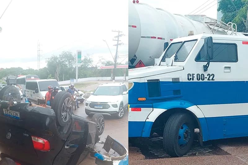 Acidente entre veículos provoca capotamento no Distrito Industrial, em Manaus