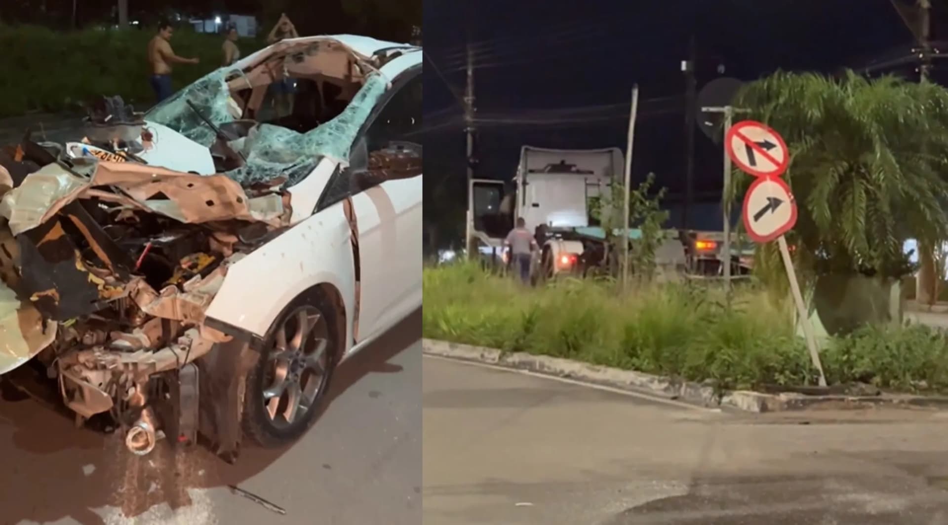 Carro fica destruído após colidir com carreta no Distrito Industrial