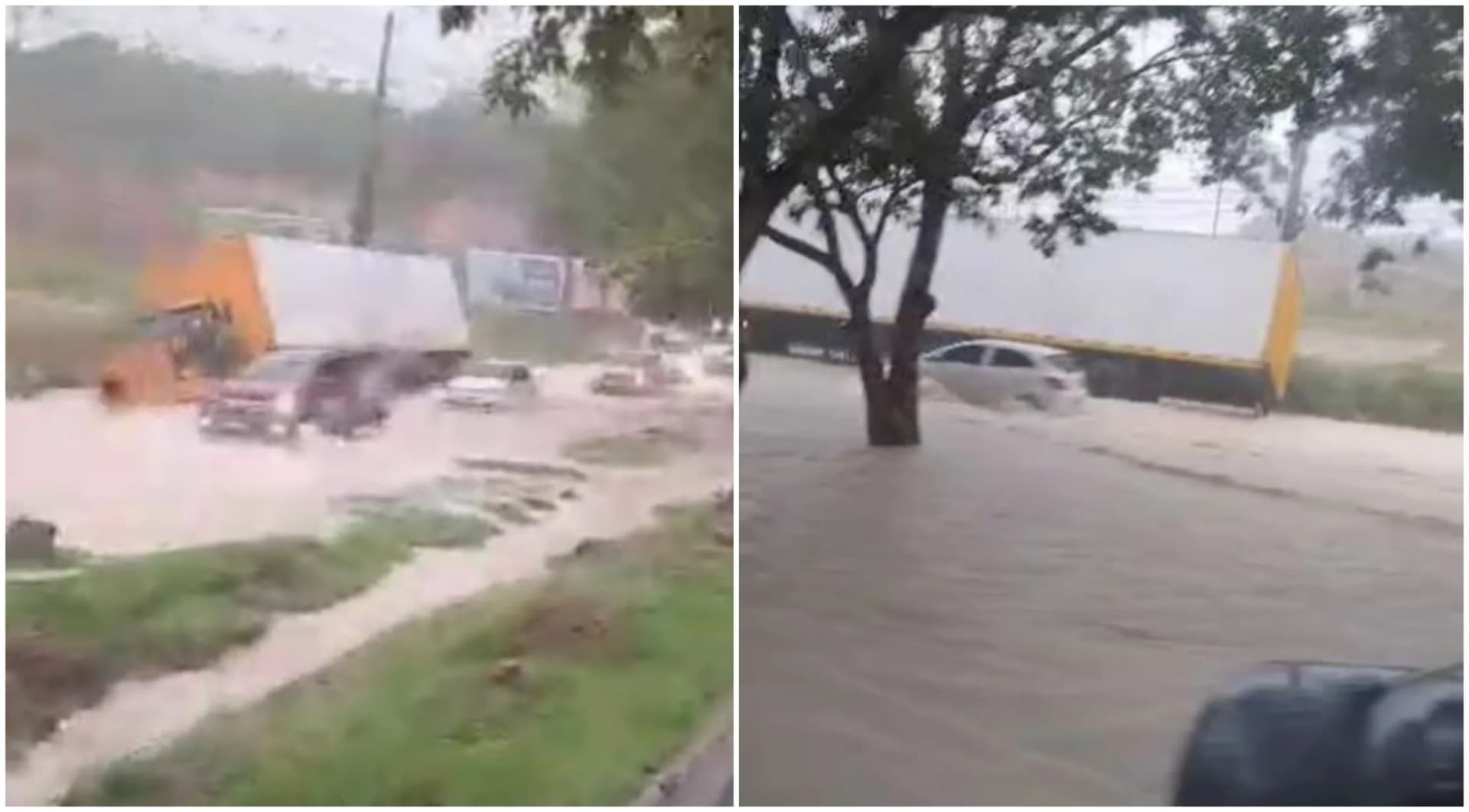 VÍDEO: Caminhão tomba em avenida alagada durante chuva em Manaus