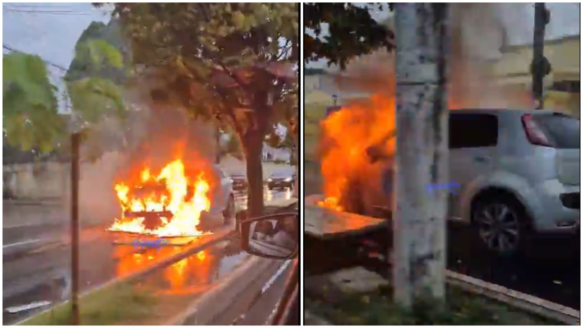 VÍDEO: carro a gás pega fogo no meio da rua e assusta motoristas em Manaus