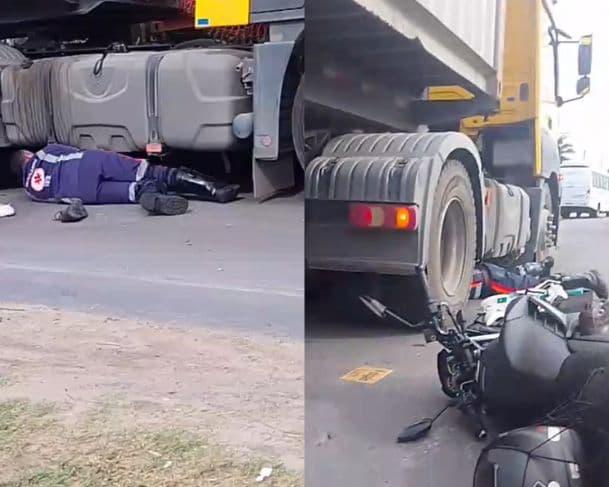 VÍDEO: Motociclista fica gravemente ferido após parar debaixo de carreta em acidente no Distrito Industrial