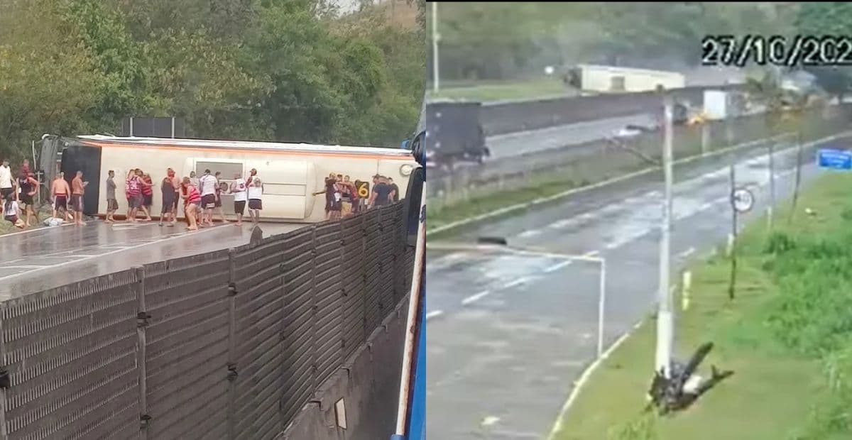 Veja momento que ônibus com torcedores do Flamengo capota a caminho da Argentina