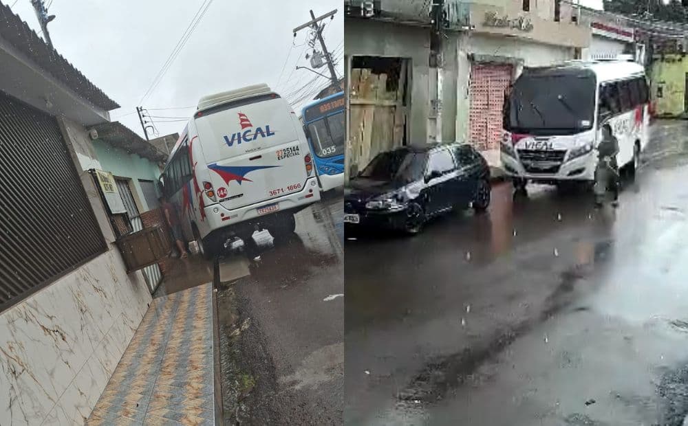 Motorista esquece de puxar freio de mão e micro-ônibus atinge carro em Manaus