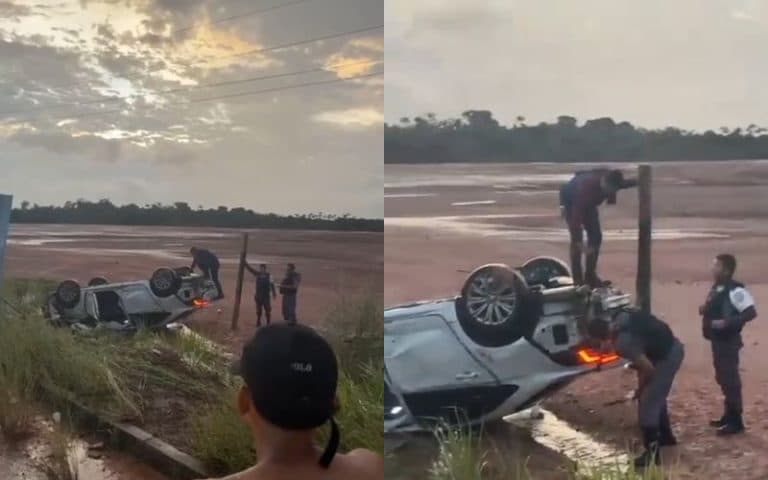 VÍDEO: Carro capota e motorista deixa local do acidente de moto na AM-070