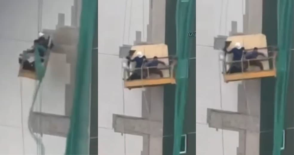 VÍDEO: Trabalhadores ficam presos em andaime durante forte chuva no Maranhão