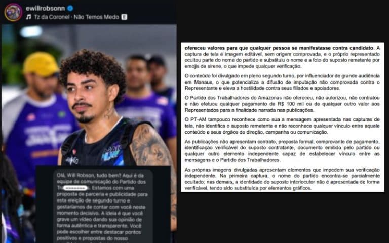 Influenciador diz que PT-AM ofereceu R$ 100 mil para divulgar campanha; partido nega