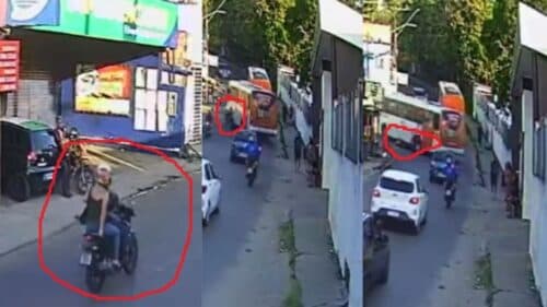 VÍDEO: Veja momento em que motociclista e garupa escapam de serem esmagados por ônibus, em Manaus