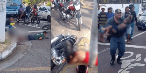 VÍDEO: Motociclista avança sinal vermelho com criança na garupa e colide com outra moto em cruzamento de Manaus