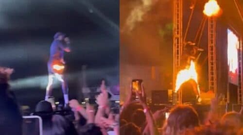 VÍDEO: Rapper Djonga fica de cueca no palco após roupa pegar fogo durante show