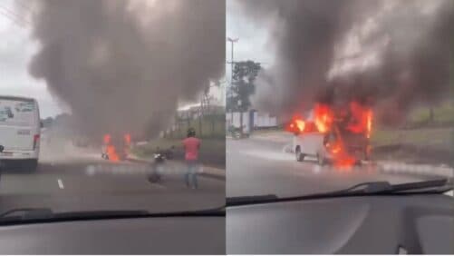 VÍDEO: Kombi fica destruída após pegar fogo em avenida de Manaus