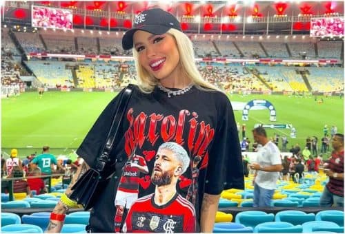 Karoline Lima, ex de Militão, usa camisa com foto de Léo Pereira, e web reage: “Que brega linda”