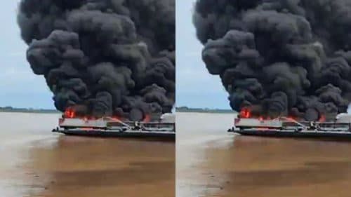 VÍDEO: Incêndio atinge veículos em balsa atracada no porto do Puraquequara, em Manaus