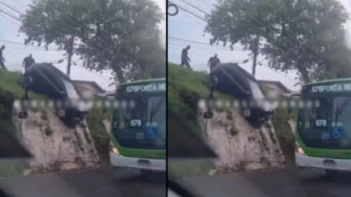VÍDEO: Motorista tenta realizar manobra e fica com veículo atravessado em barranco, no Dom Pedro, em Manaus