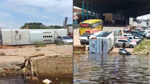VÍDEOS: Ônibus perde o controle e tomba no Porto da Ceasa, em Manaus