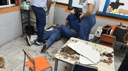 Chão cede e professora cai de uma sala a outra em escola no ES
