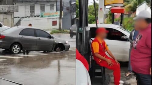 VÍDEO: Roda se desprende de carro e atinge frentista em posto de combustíveis, em Manaus