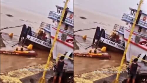 VÍDEO: Balsa bate em embarcação atracada no porto de Parintins, no AM