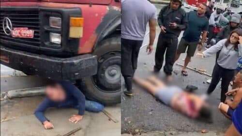 VÍDEOS: Motorista perde o controle de caçamba, pula de cabine e para embaixo de roda, em Manaus