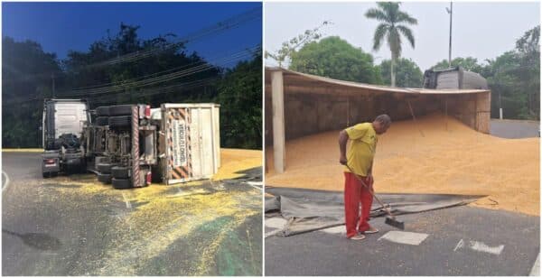 VÍDEO: Carreta com 24 toneladas de milho tomba na Rotatória das Letras