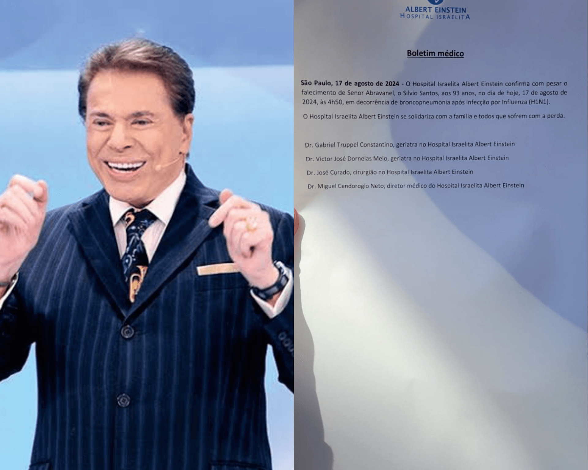 Morte de Silvio Santos seria em decorrência de broncopneumonia após infecção por (H1N1), diz hospital
