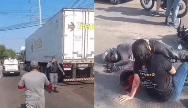VÍDEO: carreta passa por cima de roda de moto e deixa dois feridos na Ponta Negra