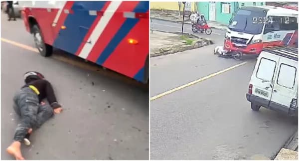 VÍDEO: Motociclista e passageiro quase são esmagados por ônibus no Armando Mendes