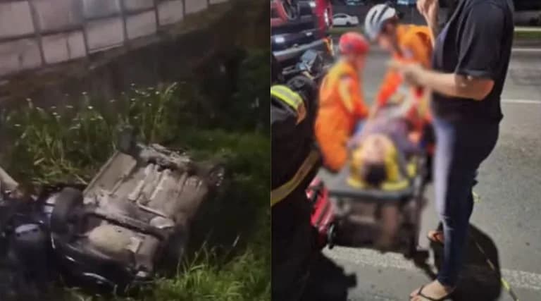 Carro capota e cai em igarapé após bater em posto da PM em Manaus