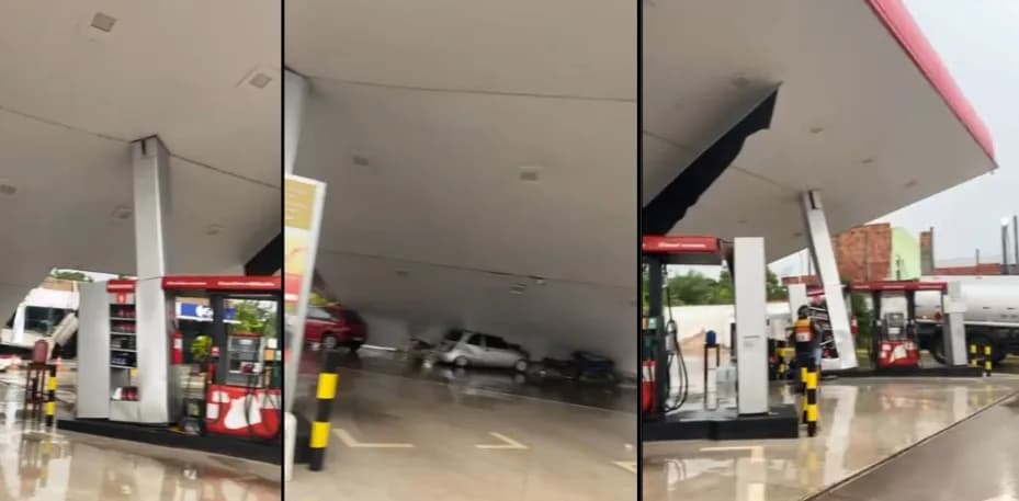 VÍDEO: Teto de posto de combustíveis desaba durante chuva em Iranduba