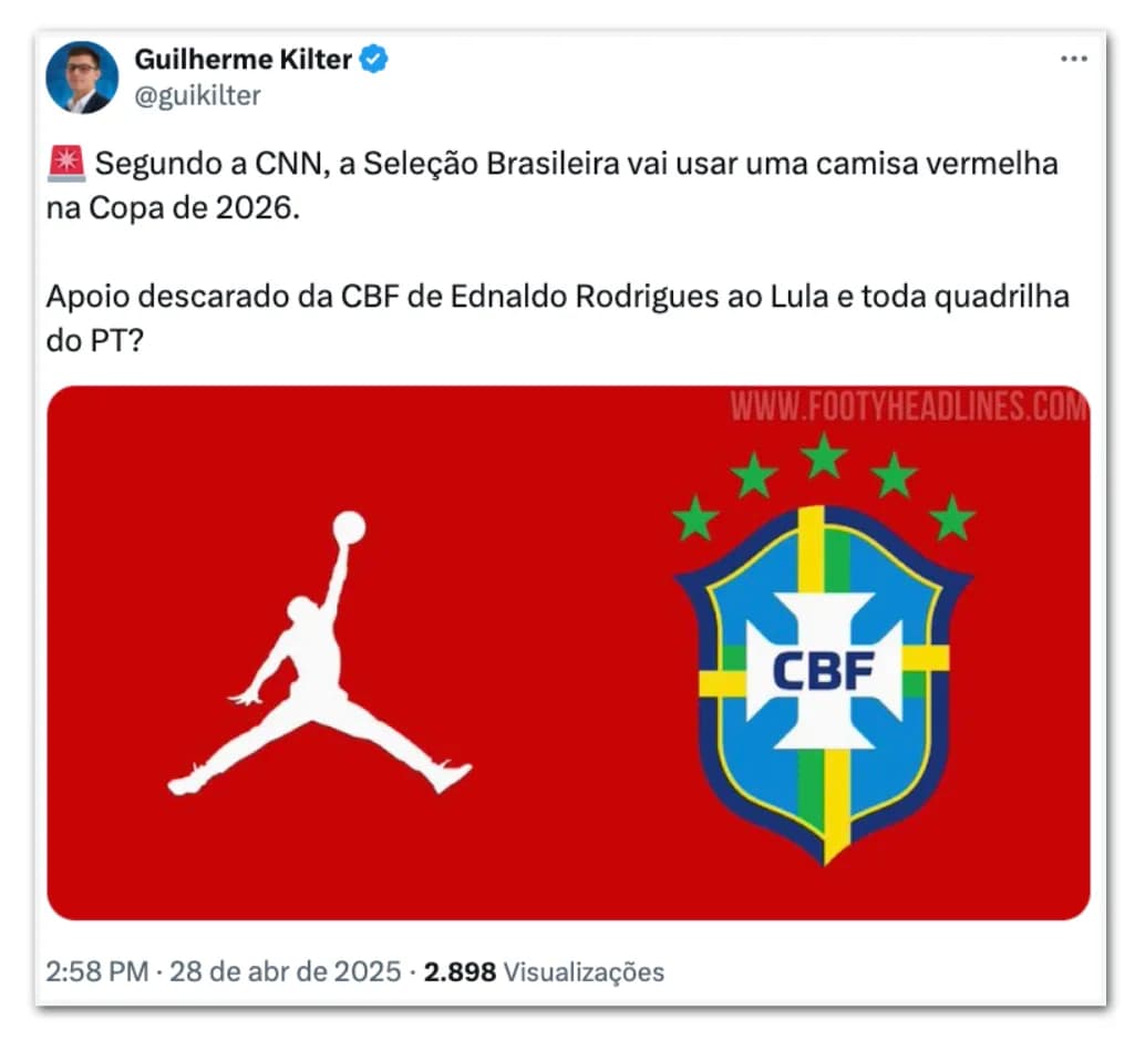 Camisa vermelha da seleção brasileira é associada ao PT nas redes sociais; veja reações