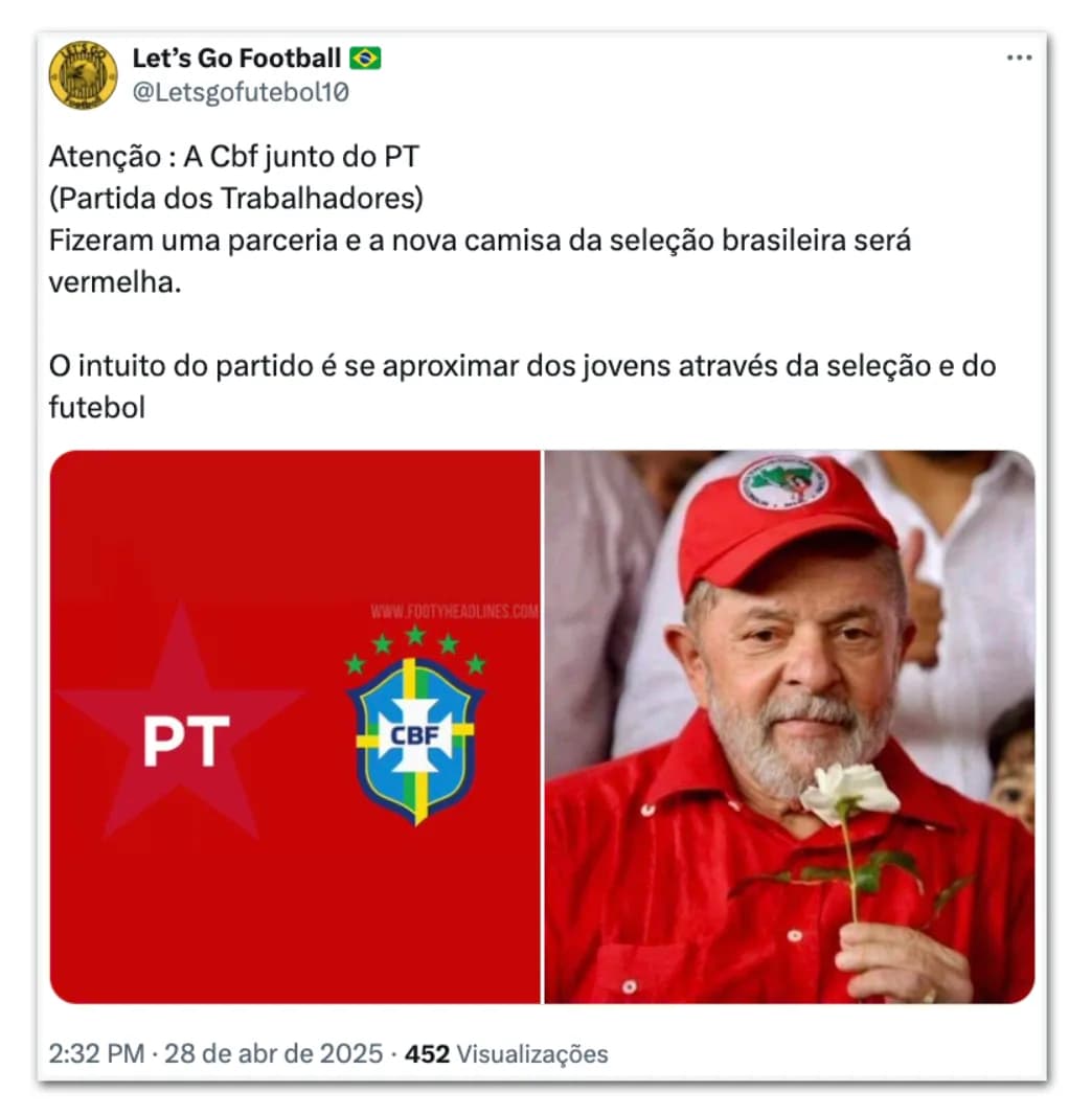 Camisa vermelha da seleção brasileira é associada ao PT nas redes sociais; veja reações