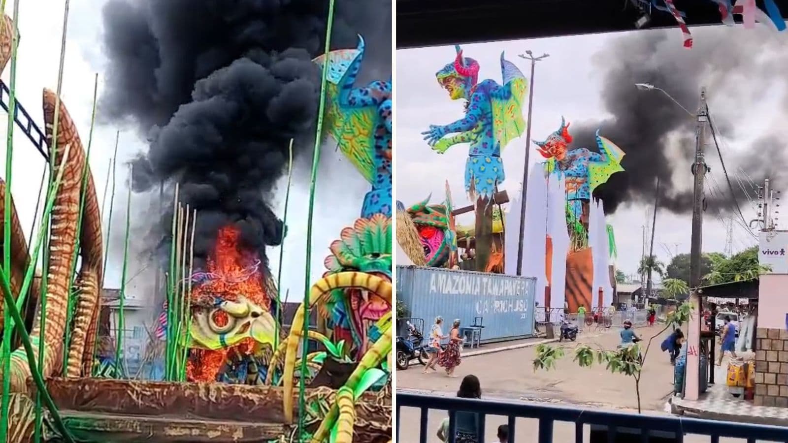 VÍDEO: Alegoria do Caprichoso pega fogo em galpão de Parintins