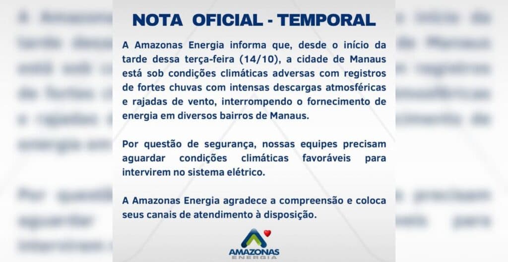 Chuva provoca falta de energia em vários bairros de Manaus