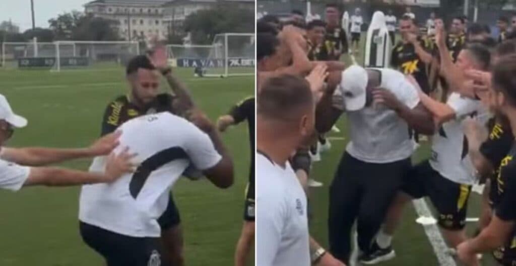 Neymar e elenco do Santos aplicam trote em segurança por bolada em Mavie