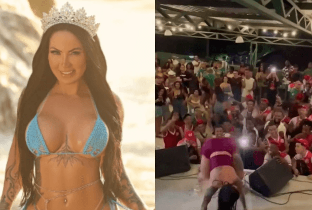 Rebolando sem calcinha, Elisa Sanches é apresentada como rainha de bateria