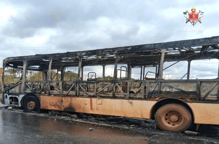 Ônibus escolar pega fogo e fica destruído em rodovia do DF