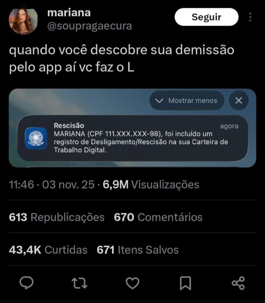 Sem aviso: funcionária descobre demissão pelo app da Carteira de Trabalho Digital