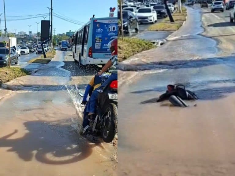 Vídeo: motocliclista e passageira caem em cratera alagada na Torquato Tapajós