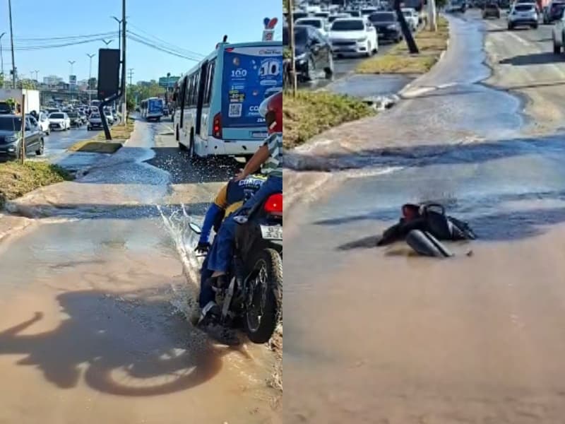 Vídeo: motocliclista e passageira caem em cratera alagada na Torquato Tapajós