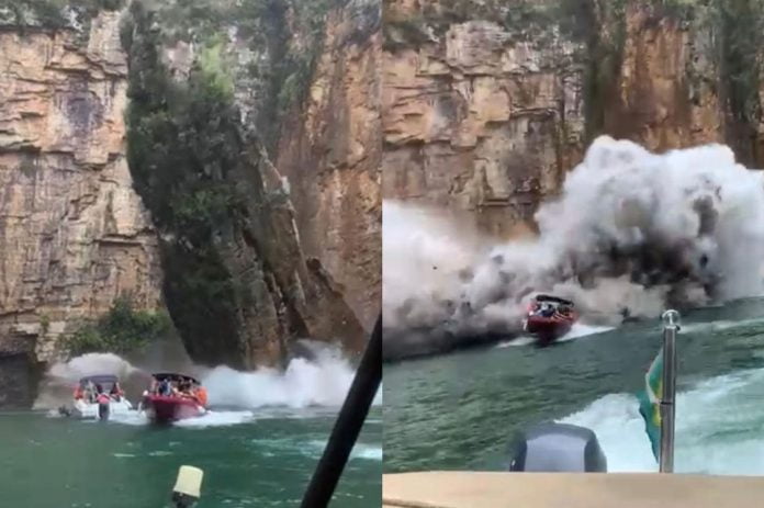 VÍDEO: deslizamento de pedras atinge lanchas com turistas em Capitólio (MG) (Foto: Reprodução)