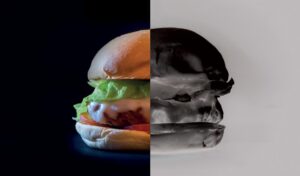 fotomontagem de hamburguer feito com carne de laboratório