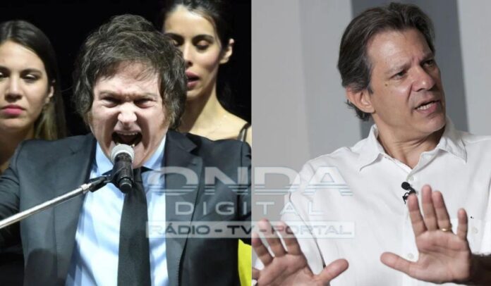 Imagem colorida mostra Milei e Haddad