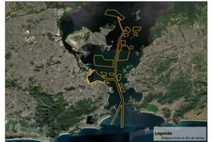 Imagem colorida mostra mapa ilustrado onde GLO atua na Baía de Guanabara, no Rio de Janeiro