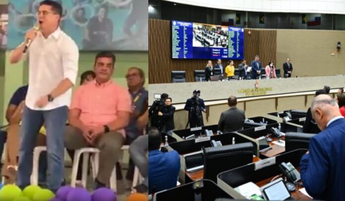 Imagem colorida mostra prefeito David Almeida e Câmara Municipal em sessão ordinária