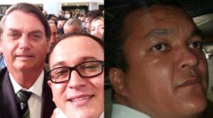 Imagem colorida mostra o vereador Raiff Matos a esquerda com Jair Bolsonaro e a direita Cleriston Pereira da Cunha