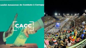 Imagem colorida mostra a esquerda a logo do Comitê Amazonas de Combate à Corrupção e a direita um dia de carnaval no Sambódromo em Manaus