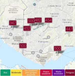 Imagem colorida mostra gráfico de qualidade do ar em vários bairros de Manaus.