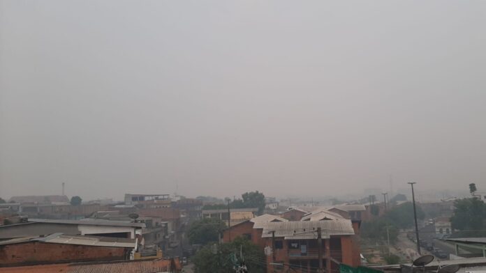 Imagem colorida mostra fumaça dissipada por Manaus na manhã do sábado (04/11)